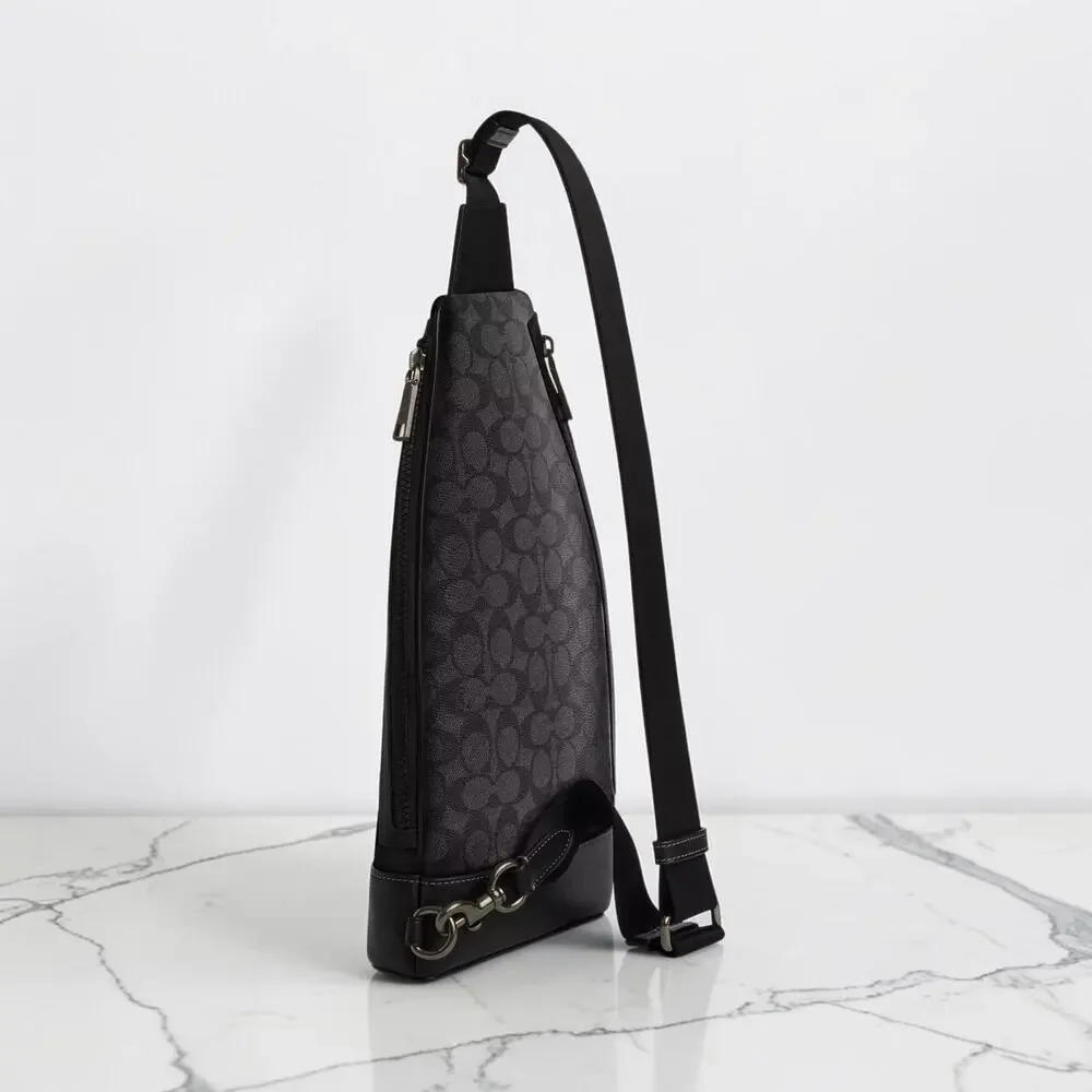 NWT Coach CY801 Dominic Sling Pack Signature Canvas Charcoal Black Gunmetal